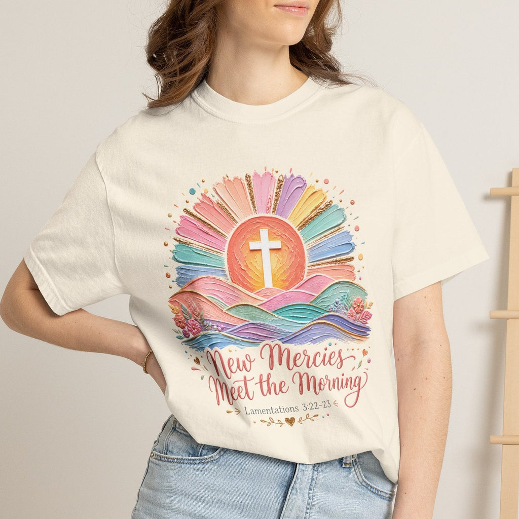 New Mercies Meet the Morning Tee | Sunrise Cross Christian T-Shirt