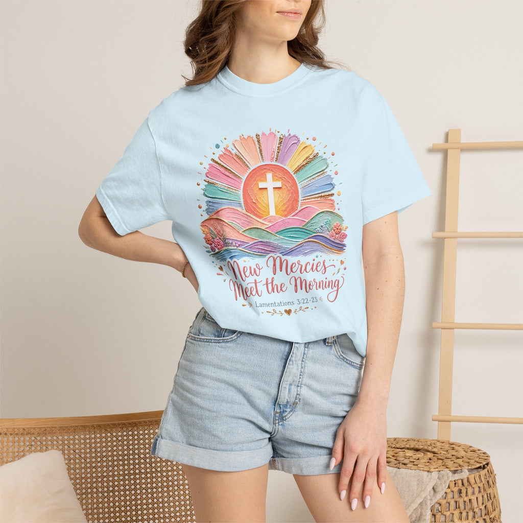 New Mercies Meet the Morning Tee | Sunrise Cross Christian T-Shirt