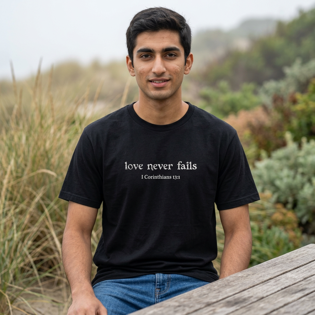 Love Never Fails Tee | White Embroidery | 1 Corinthians Scripture T-Shirt