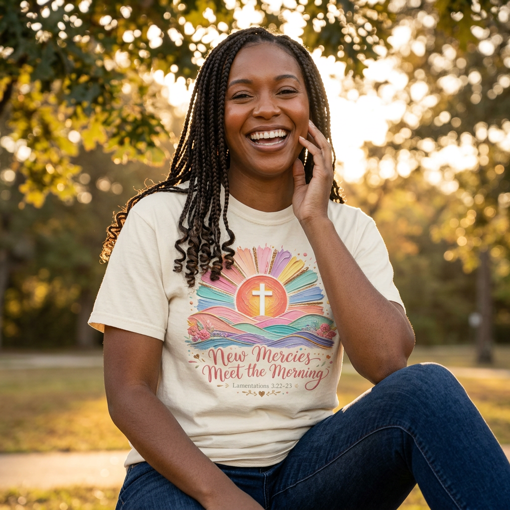 New Mercies Meet the Morning T-Shirt | Faith Sunrise Cross Tee