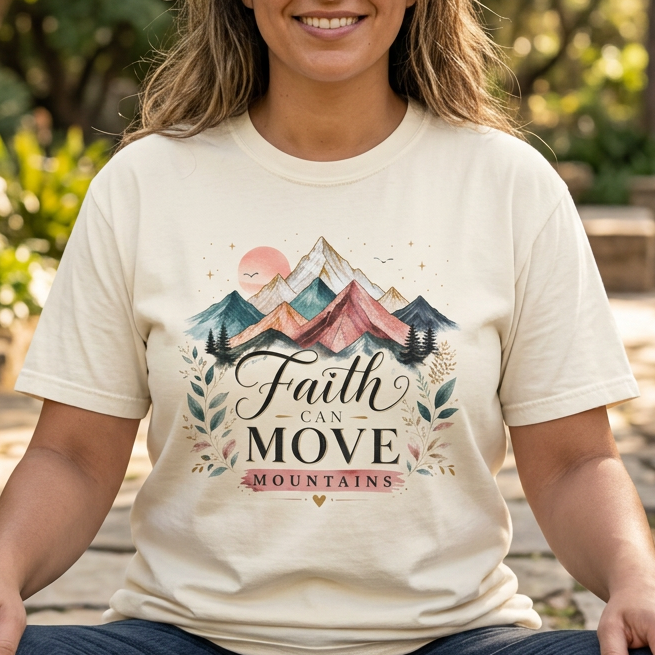 Person wearing a cream-colored “Faith Can Move Mountains” faith graphic t-shirt featuring colorful mountain artwork and inspirational Christian messaging.