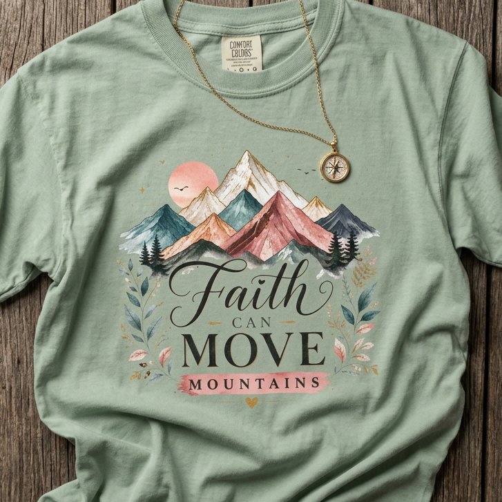 Light green faith-based graphic t-shirt featuring a colorful mountain landscape and the phrase “Faith Can Move Mountains” in decorative lettering, inspired by Christian faith and perseverance.