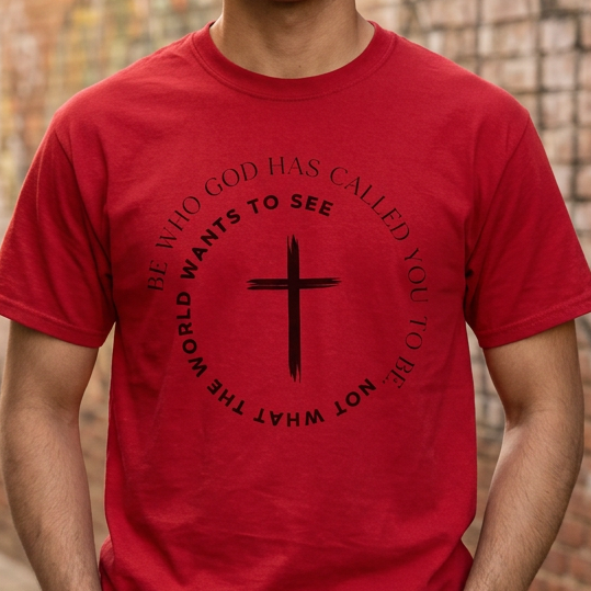Red Christian graphic t-shirt featuring a black cross surrounded by the message “Be who God has called you to be, not what the world wants to see.”