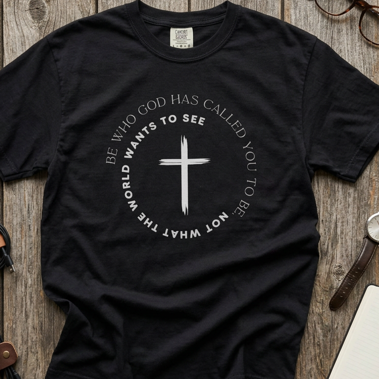 Black Christian graphic t-shirt laid flat, featuring a black cross surrounded by the message “Be who God has called you to be, not what the world wants to see” in a circular design.