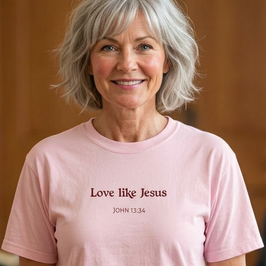 Person wearing a garment-dyed faith-based t-shirt featuring the embroidered-style message “Love Like Jesus” with John 13:34 printed beneath it.