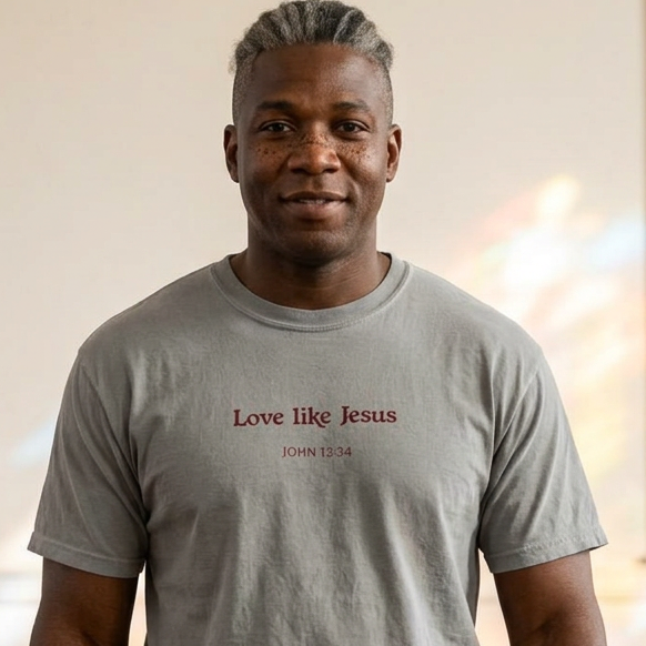 Person wearing a garment-dyed faith-based t-shirt featuring the embroidered-style message “Love Like Jesus” with John 13:34 printed beneath it.