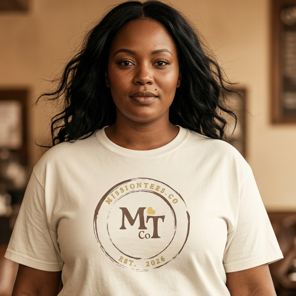 Front view of a garment-dyed Mission Tee's t-shirt featuring the Mission Tee's logo centered on the chest.