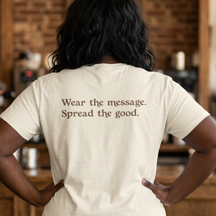 Back view of a garment-dyed Mission Tee's t-shirt featuring the phrase “Wear the message. Spread the good.” printed across the upper back.