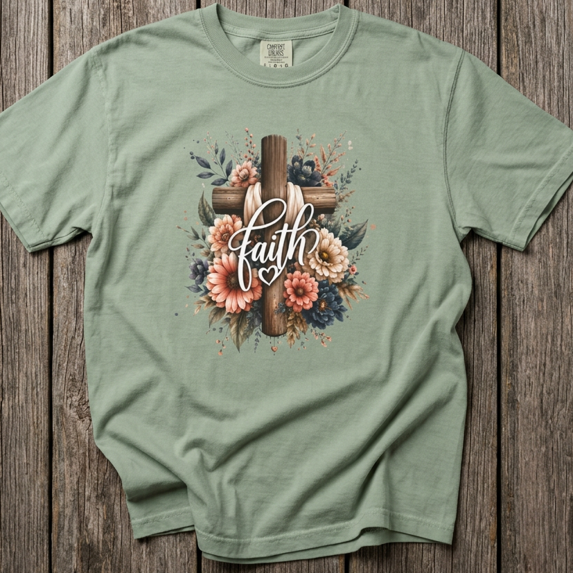 A sage green short-sleeve t-shirt with a central graphic of a wooden cross surrounded by pink, peach, and blue flowers, with the word 'faith' written in white script, laid flat on a rustic wooden plank background.