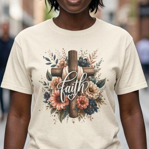 A woman walking down a city street wearing a cream-colored t-shirt with a graphic of a wooden cross decorated with flowers and the word 'faith' in script.