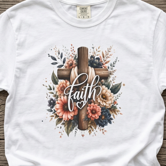 White Christian graphic t-shirt featuring a floral cross design with the word “Faith” centered across the cross.