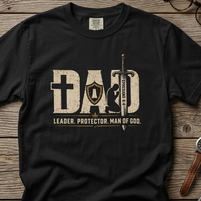 Christian graphic t-shirt featuring the word “Dad” with faith-inspired symbols including a cross, shield, sword, praying figure, and the phrase “Leader. Protector. Man of God.” with Ephesians 6:4.