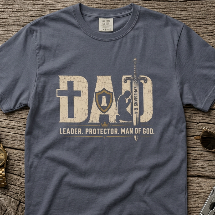 Christian graphic t-shirt featuring the word “Dad” with faith-inspired symbols including a cross, shield, sword, praying figure, and the phrase “Leader. Protector. Man of God.” with Ephesians 6:4.