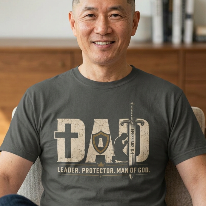 Christian graphic t-shirt featuring the word “Dad” with faith-inspired symbols including a cross, shield, sword, praying figure, and the phrase “Leader. Protector. Man of God.” with Ephesians 6:4.