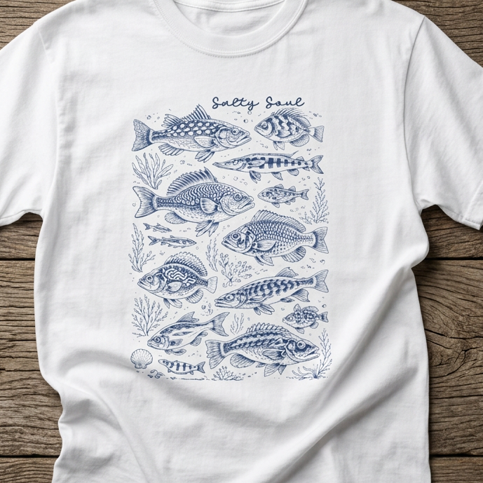 White graphic t-shirt featuring the phrase “Salty Soul” above a detailed coastal fish illustration in blue line art.
