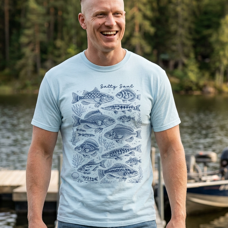 Chambray blue graphic t-shirt featuring the phrase “Salty Soul” above a detailed coastal fish illustration in blue line art.