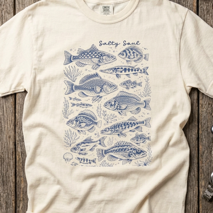 Ivory graphic t-shirt featuring the phrase “Salty Soul” above a collection of detailed fish illustrations and coastal artwork.