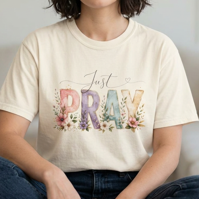 A woman with short dark hair sits cross-legged in a bright living room, wearing a cream-colored graphic t-shirt with the text 'Just PRAY' in a floral watercolor style and dark blue jeans.