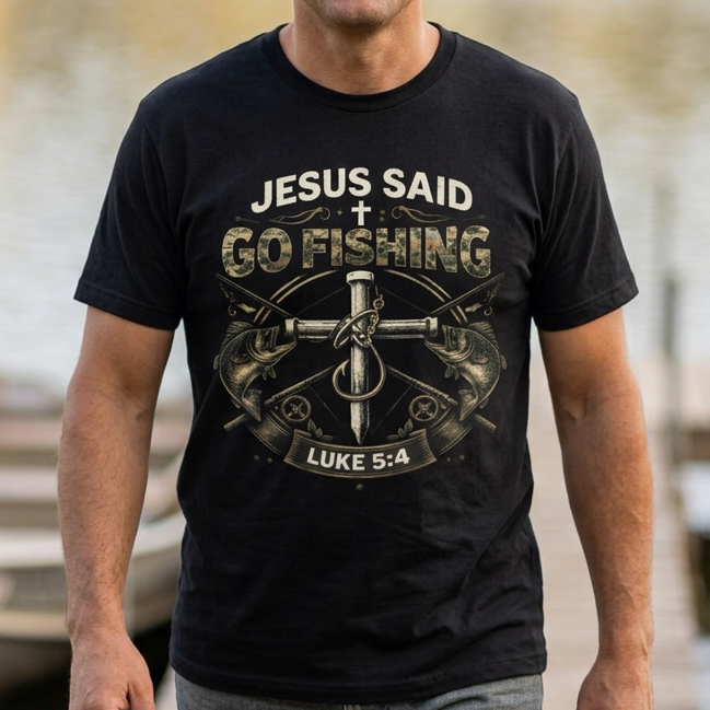 A man standing outdoors by a lake wearing a black graphic T-shirt with the text 'JESUS SAID I GO FISHING LUKE 5:4' and a cross-and-fishing-rod design, paired with gray jeans.