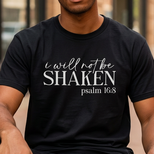 A man sitting on a bench in an urban setting wearing a black t-shirt with the text 'i will not be SHAKEN psalm 11:8' printed in white on the front.