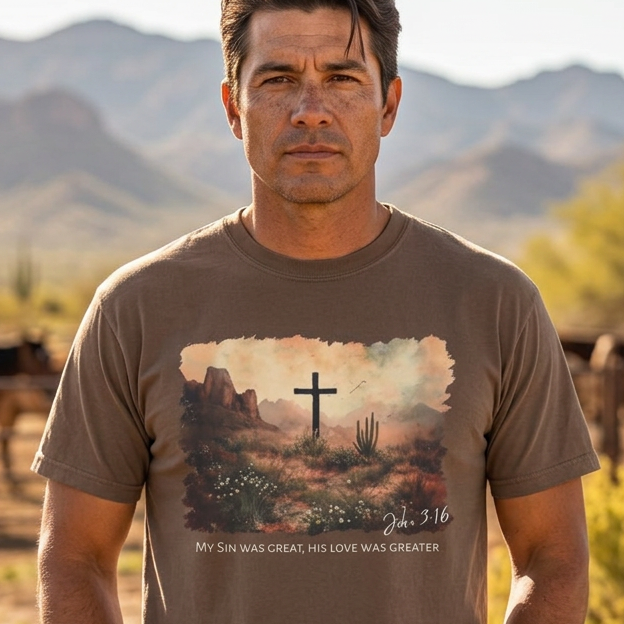 A man wearing a brown graphic t-shirt with a desert landscape print featuring a cross and the text 'MY SIN WAS GREAT, HIS LOVE WAS GREATER' stands in a sunny desert setting with horses and mountains in the background.