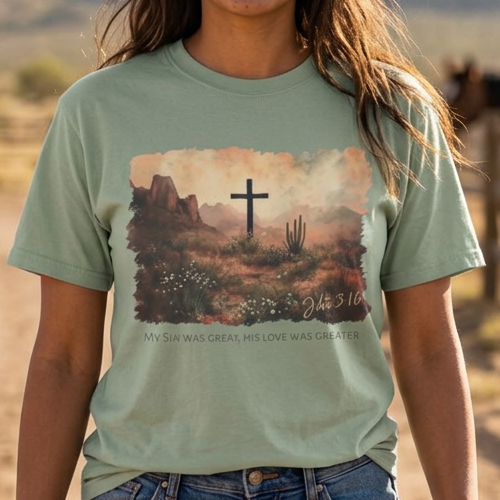 A woman stands on a dirt road wearing a sage green graphic t-shirt with a desert landscape print and a black cross, paired with blue jeans, with a rustic fence and mountains in the background.