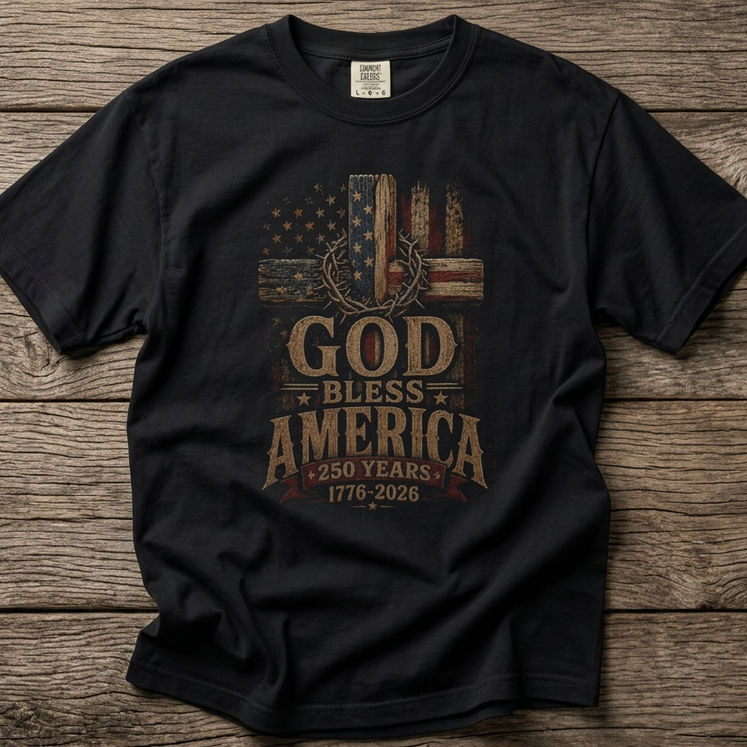 A black short-sleeve graphic t-shirt laid flat on a rustic wooden plank background. The shirt features a distressed patriotic graphic with a cross, American flag elements, and the text 'GOD BLESS AMERICA 250 YEARS 1776-2026'.