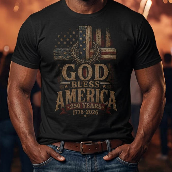 A man wearing a black Comfort Colors graphic t-shirt with a distressed 'God Bless America 250 Years 1776-2026' print, standing in front of a fireworks display at night.