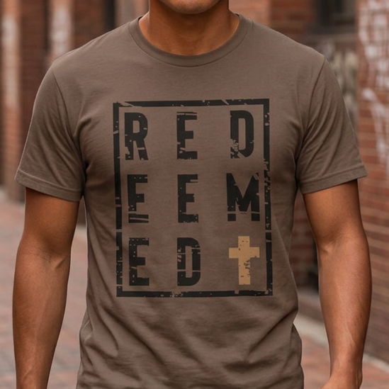 A man wearing a brown t-shirt with a distressed black and tan graphic that reads 'REDEEMED' with a cross, standing in an urban brick alleyway.