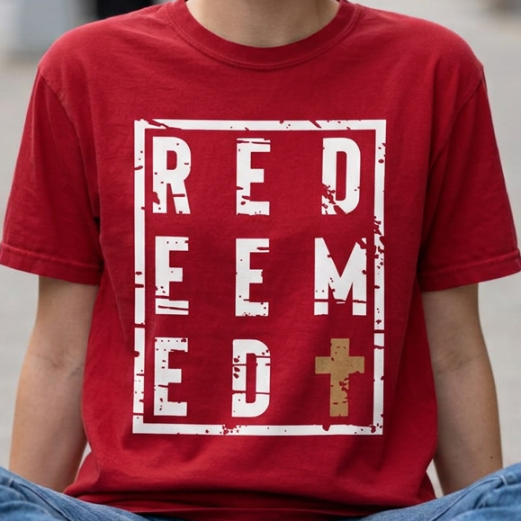 A person sitting cross-legged on a city sidewalk wearing a red graphic T-shirt with the words 'RED EMFED' in distressed white lettering and a small gold cross at the bottom, paired with blue jeans.