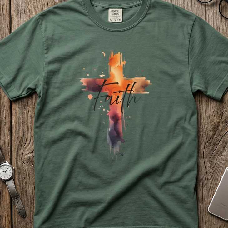 A green short-sleeve t-shirt with a watercolor cross graphic in orange, yellow, and purple, featuring the word 'Faith' in black script. The shirt is laid flat on a rustic wooden background, styled with a watch, eyeglasses, and a smartphone.
