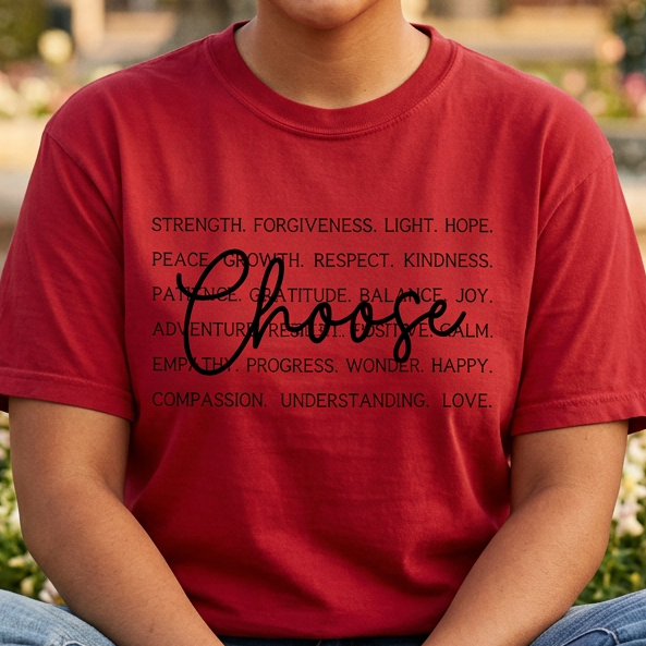 A woman sitting cross-legged in a sunny garden setting, wearing a red graphic t-shirt with black text that reads 'You Choose' over a list of positive words. She is wearing blue jeans, and a stone fountain and flowers are blurred in the background.