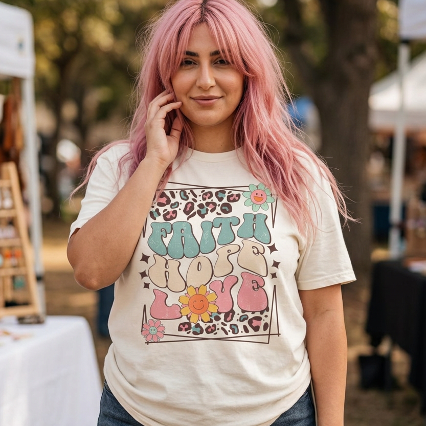 A woman with pink hair wearing a cream-colored graphic t-shirt with a colorful 'faith' elephant design, standing at an outdoor market.