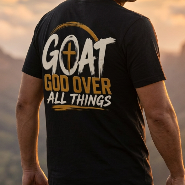 A man wearing a black graphic t-shirt with the text 'GOAT GOD OVER ALL THINGS' printed on the back, standing outdoors in a scenic mountain landscape at sunset.