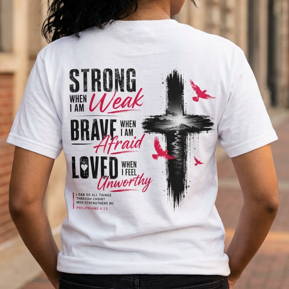 A woman viewed from behind wearing a white graphic T-shirt with a black and red cross design and inspirational text, standing on a brick sidewalk in an outdoor urban setting.