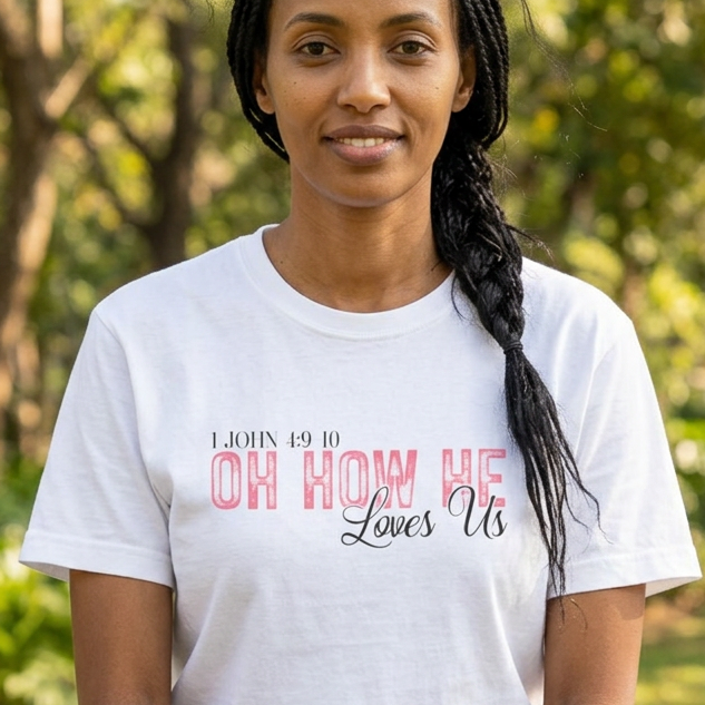 A woman with a long black braid sits cross-legged outdoors in a park, wearing a white graphic t-shirt with the text 'JOHN 1:9-10 OH HOW ME Loves Us' in pink and black lettering, paired with blue jeans.