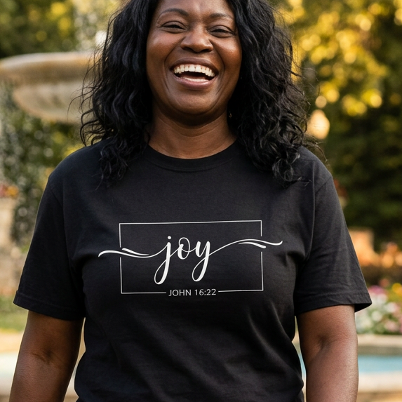 A woman smiling outdoors in front of a fountain and trees, wearing a black graphic T-shirt with the word "joy" in white script and the Bible verse John 15:4 on the front, paired with blue jeans.