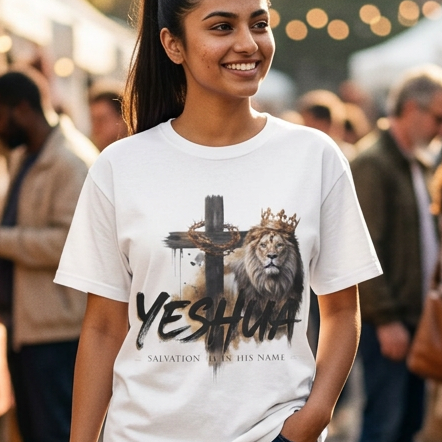 A woman walking through an outdoor market wearing a white graphic t-shirt with a lion and cross design and the text 'YES SHIVA'.
