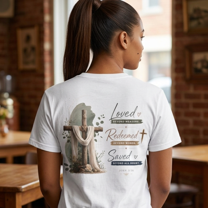 A woman with her hair in a ponytail is shown from behind wearing a white graphic t-shirt in a rustic brick restaurant setting. The back of the shirt features a detailed graphic with a wooden cross draped in cloth, a small cross, and the words 'Loved, Redeemed, Saved, Raised' in a mix of serif and script fonts.