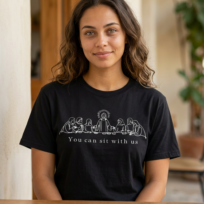 A woman with wavy brown hair wearing a black graphic t-shirt with a white line art illustration of Jesus and the text 'You can sit with us'. She is standing behind a wooden table in a softly lit, warm-toned indoor setting.