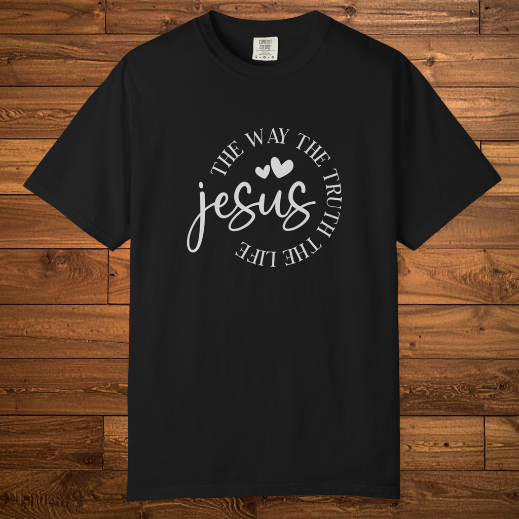 Flat-lay garment-dyed Christian t-shirt featuring the word “Jesus” with the circular text “The Way, The Truth, The Life” centered on the chest.
