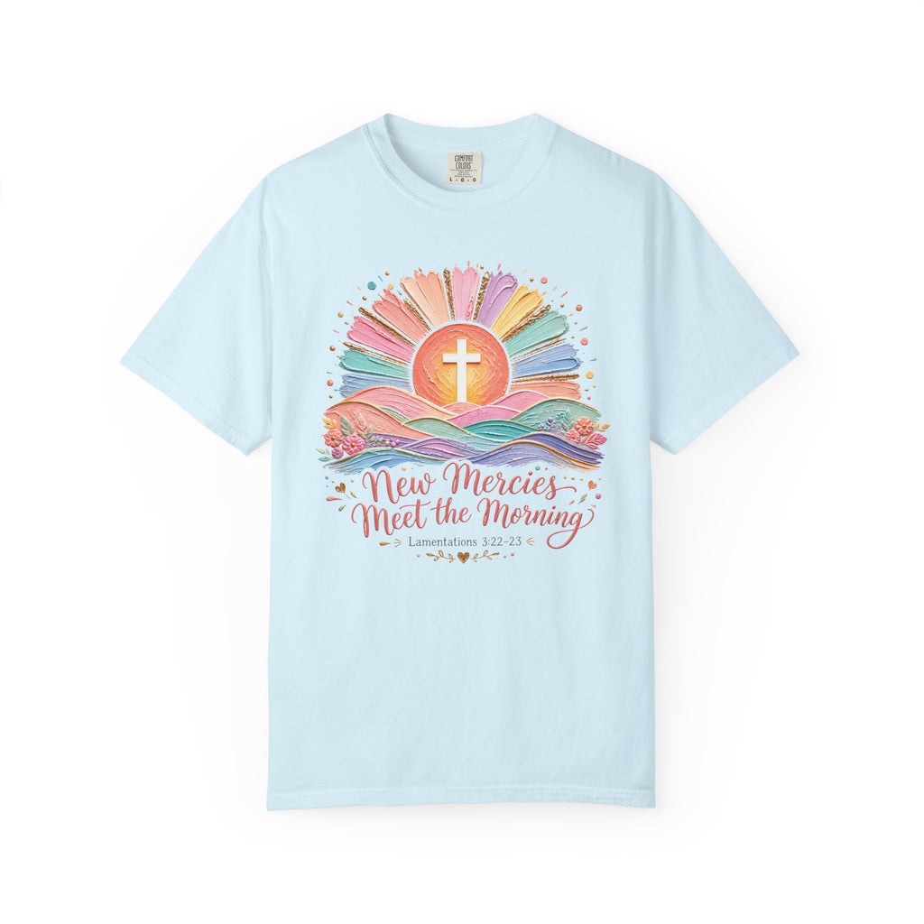 New Mercies Meet the Morning Tee | Sunrise Cross Christian T-Shirt