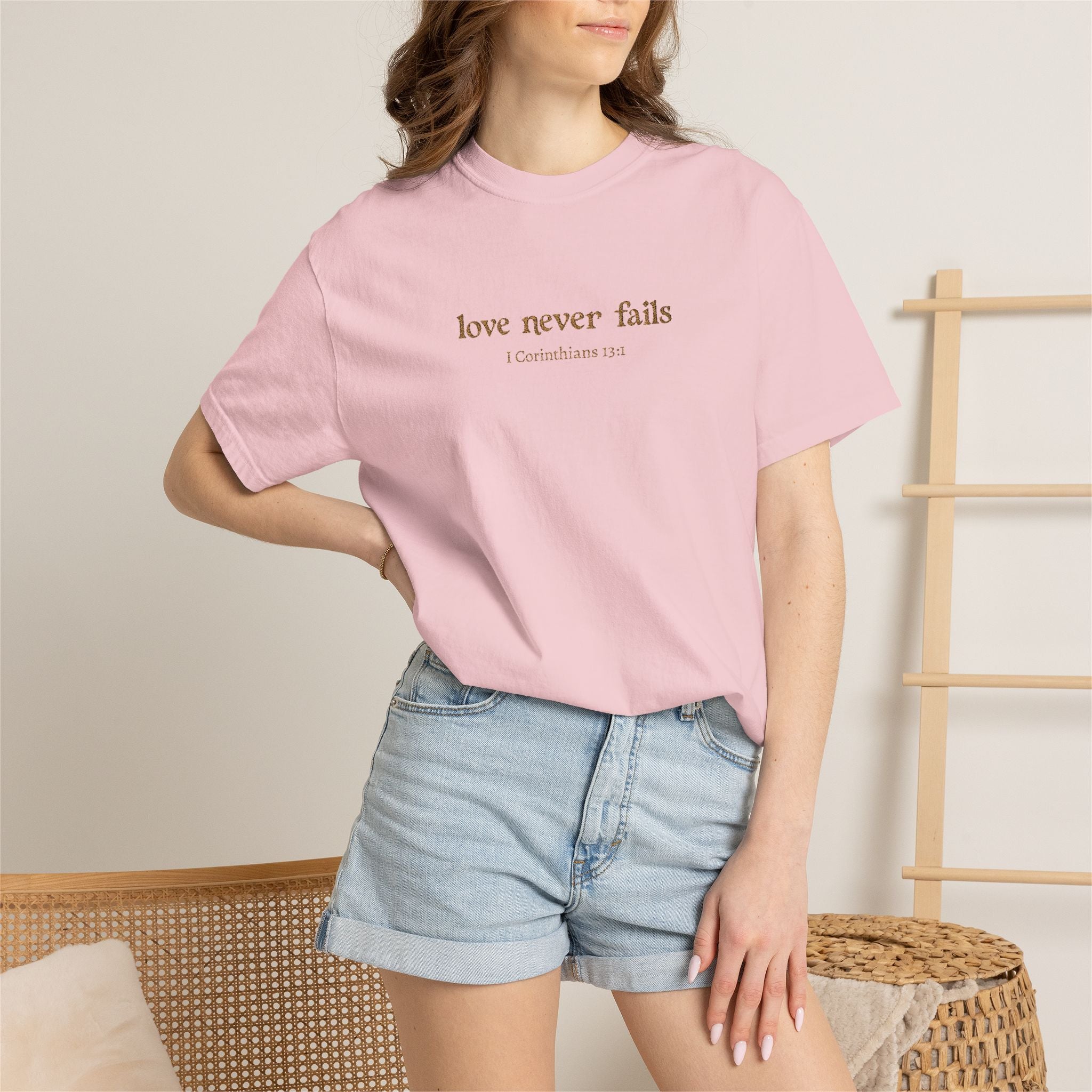 Love Never Fails Tee | Garment-Dyed 1 Corinthians Scripture T-Shirt