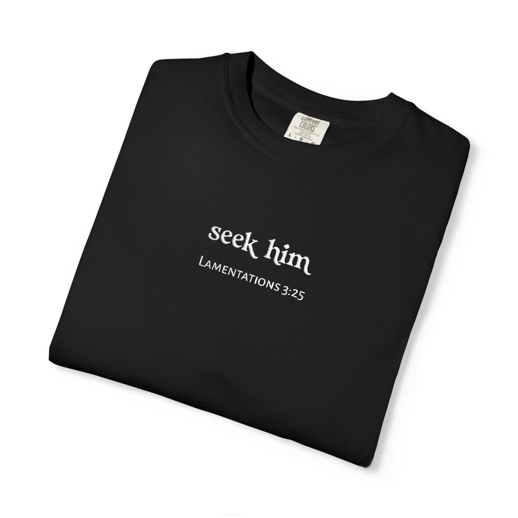 Seek Him Embroidered T-Shirt | Lamentations 3:25 Faith Tee