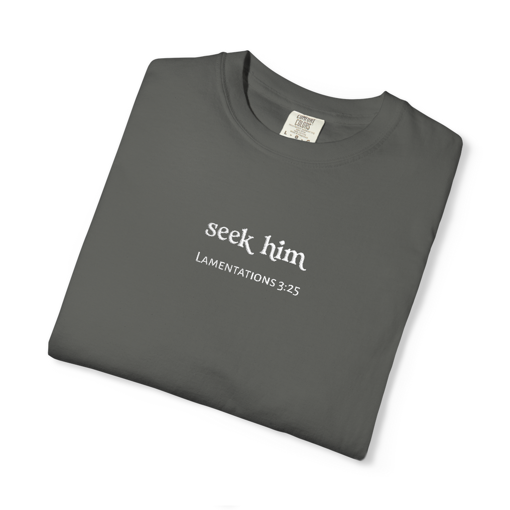 Seek Him Embroidered T-Shirt | Lamentations 3:25 Faith Tee