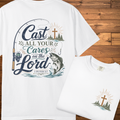 Cast All Your Cares on the Lord T-Shirt | 1 Peter 5:7 Christian Fishing Graphic Tee
