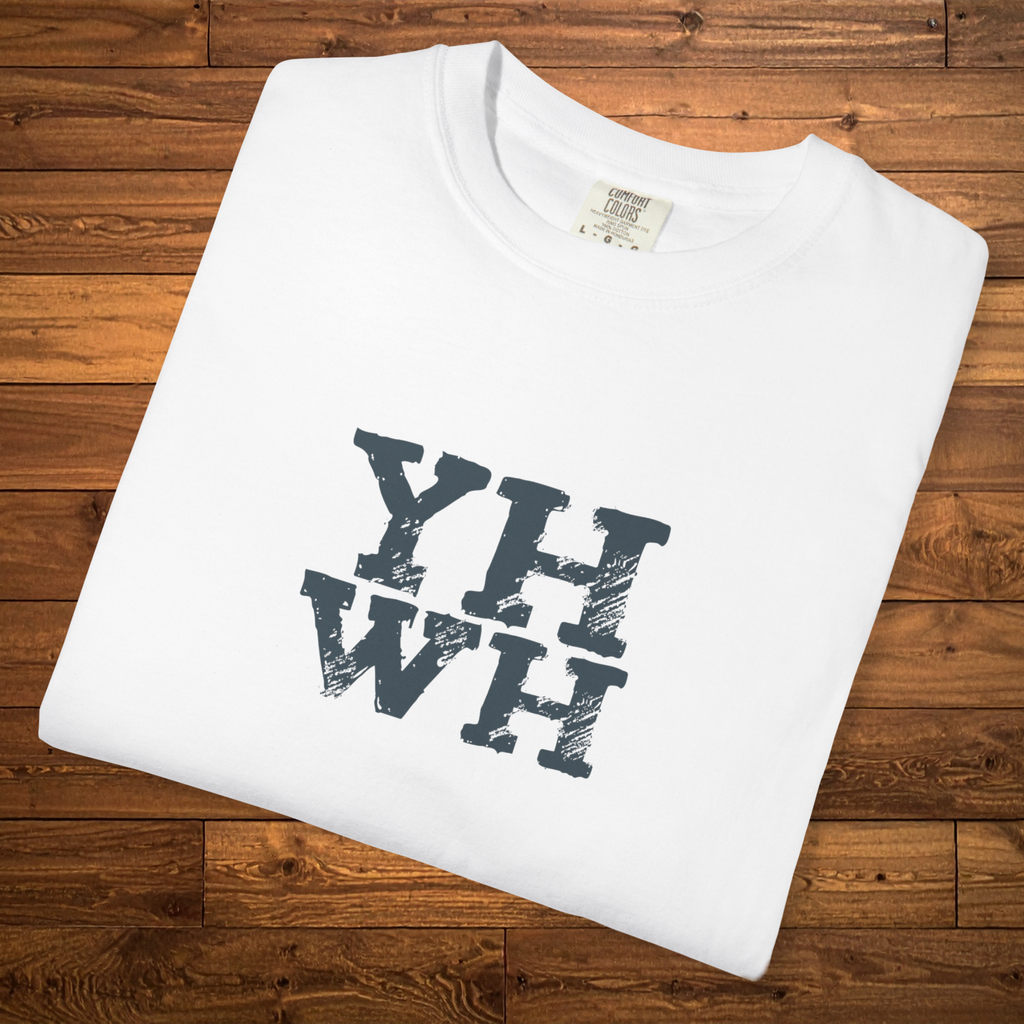 White Christian t-shirt featuring a distressed “YHWH” design centered on the chest.