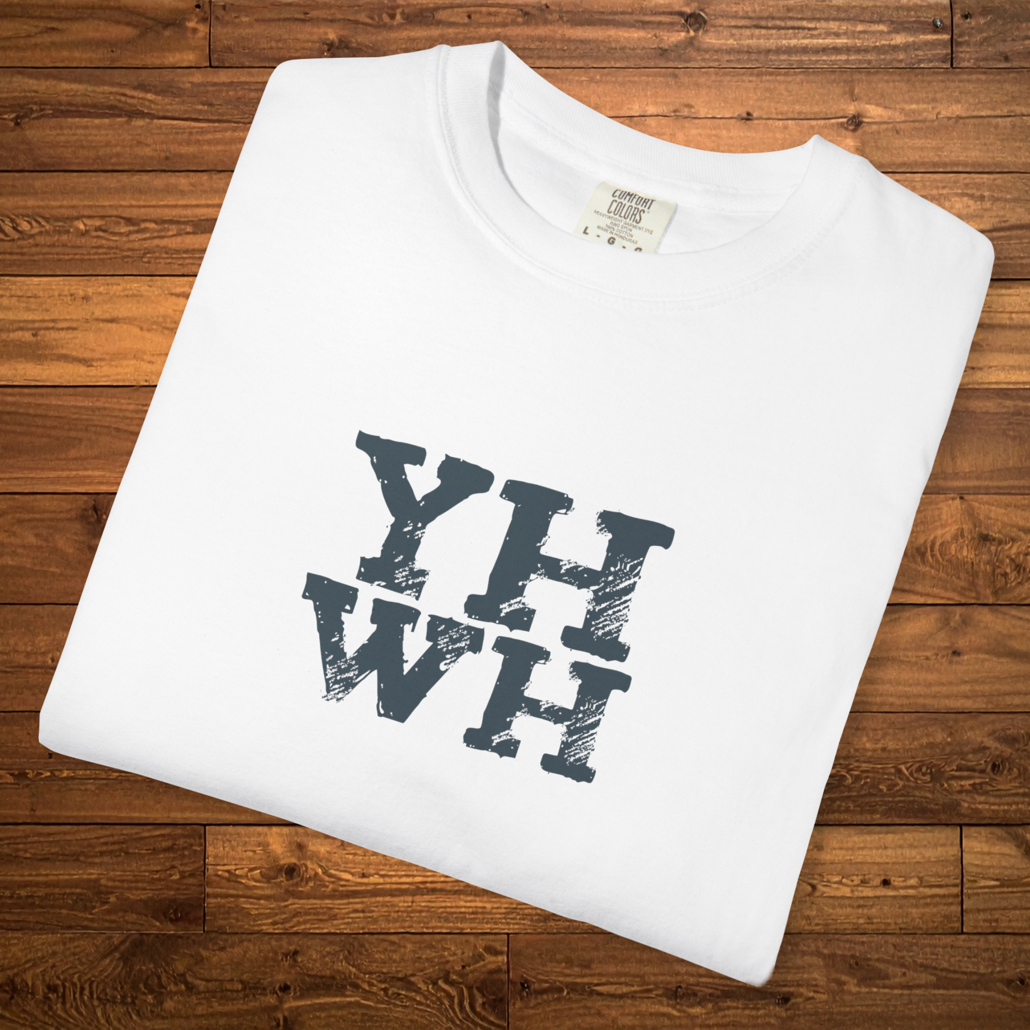 White Christian t-shirt featuring a distressed “YHWH” design centered on the chest.