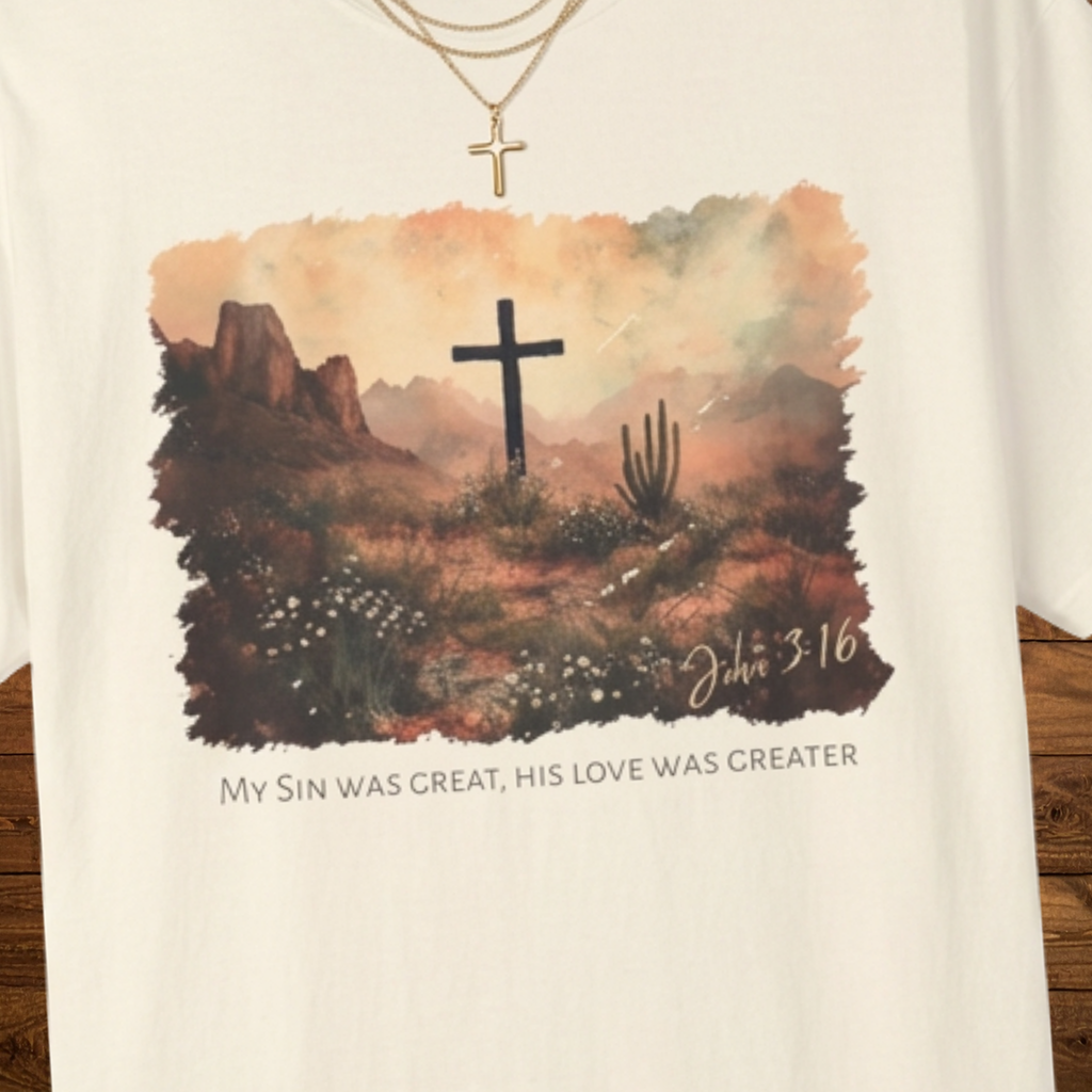 My Sin Was Great, His Love Was Greater T-Shirt | John 3:16 Christian Faith Tee