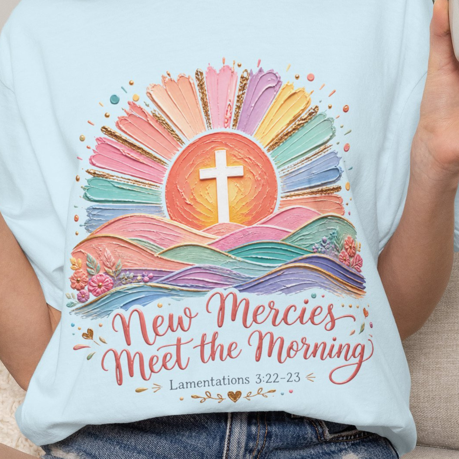 New Mercies Meet the Morning T-Shirt | Faith Sunrise Cross Tee